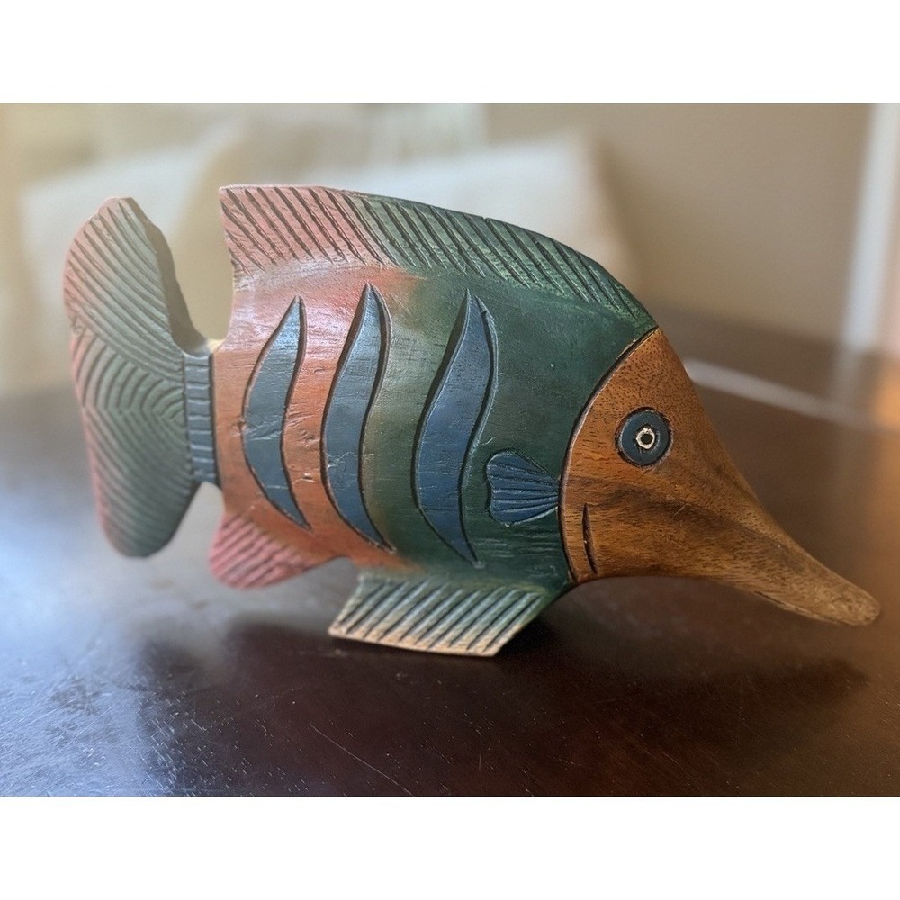 Vintage Hand Carved Wooden Hand Painted  Tropical Fish 10" wide 6" tall